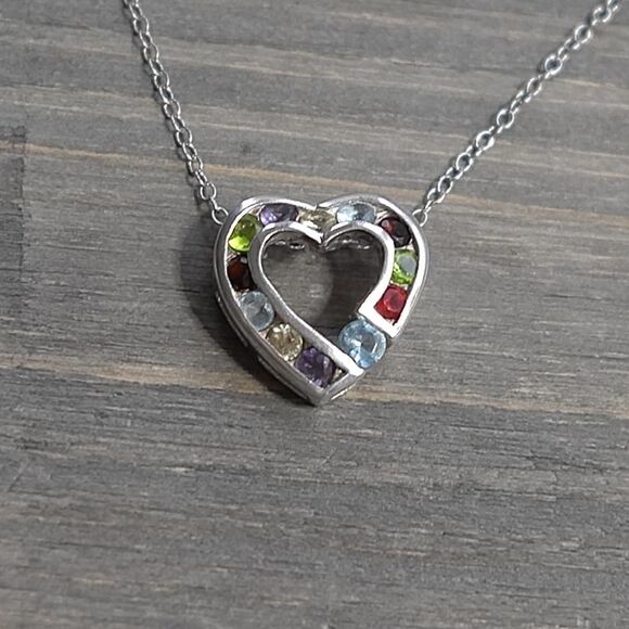 Sterling Silver Small Heart Pendant Necklace Box Chain 16" Multicolor Crystals - Picture 3 of 8